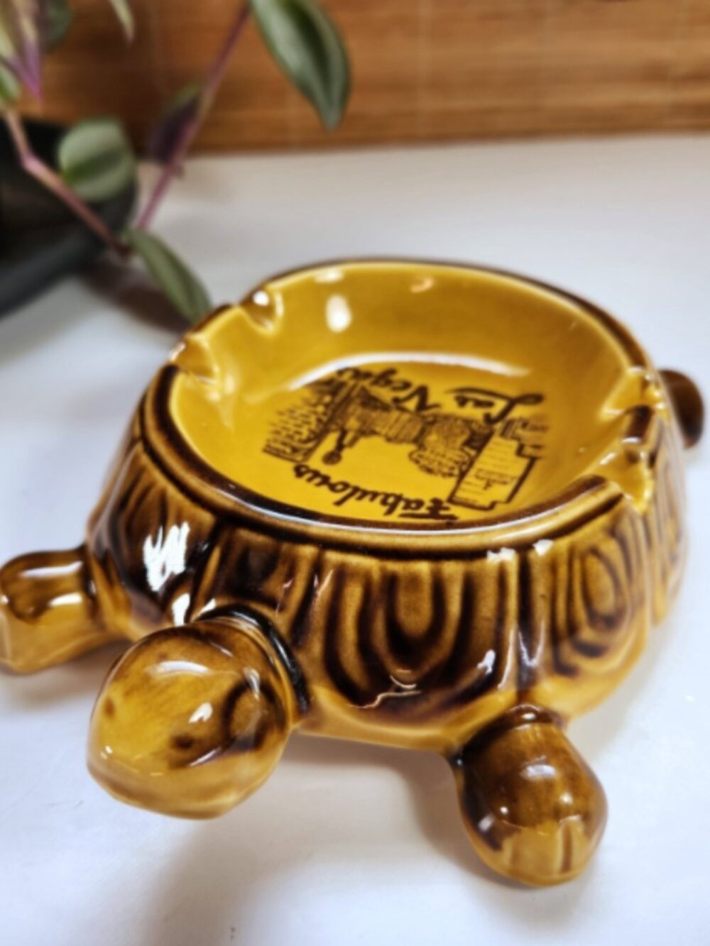 Vintage 1970s Las Vegas Turtle Ashtray Ceramic Souvenir Japan Pottery Dish 6.5"